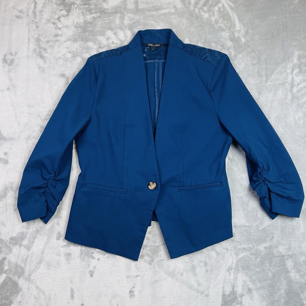 Roz Ali Blue One Button Ruched Sleeve Casual Blazer Size L Laced Upper Back